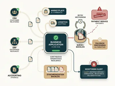 Ilustrasi integrasi API dan mekanisme fallback pada sistem bisnis