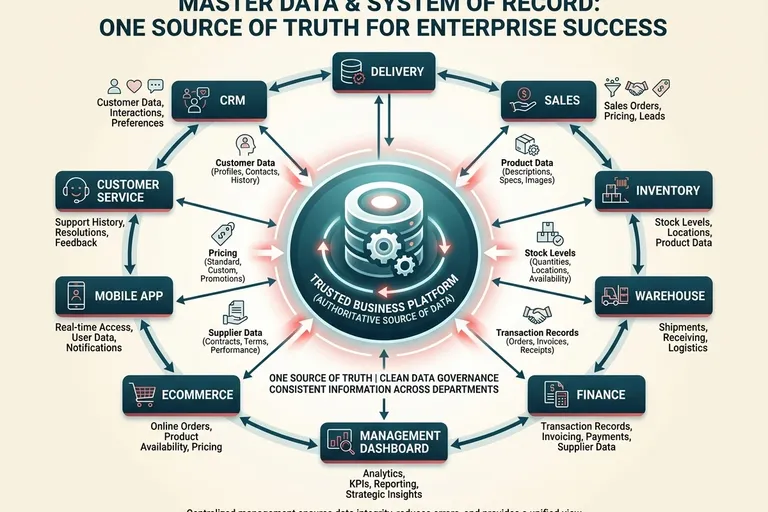 Ilustrasi master data dan system of record dalam sistem perusahaan